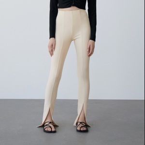 Zara - L, slit beige/cream ribbed leggings, ecru nude